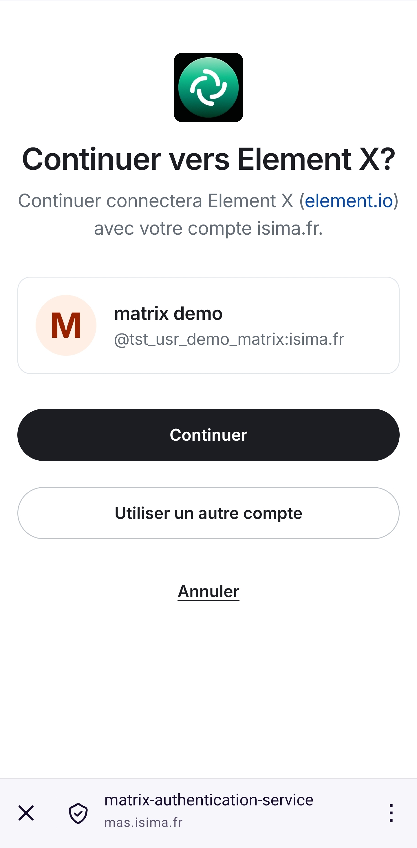Consentement « Continuer vers Element X ? »