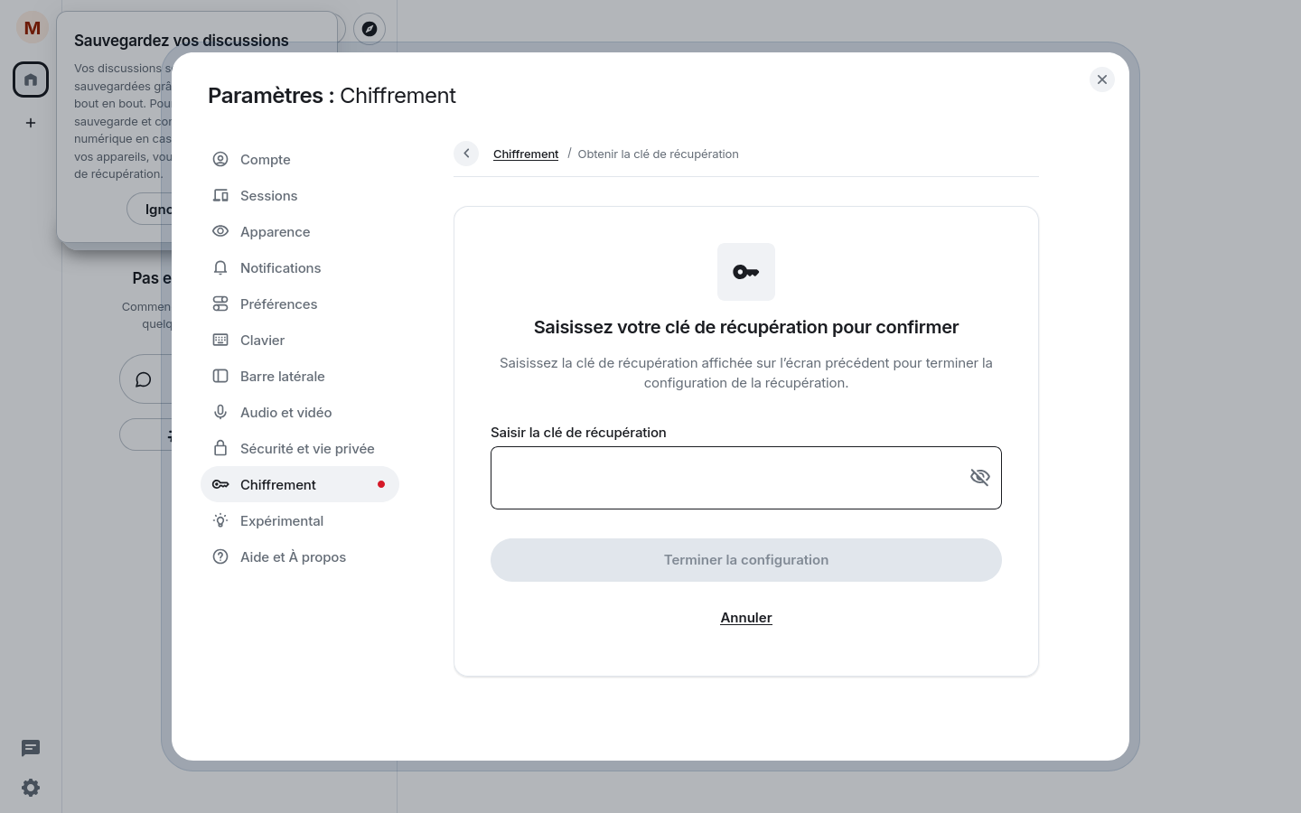 Étape de confirmation — ressaisie de la clé