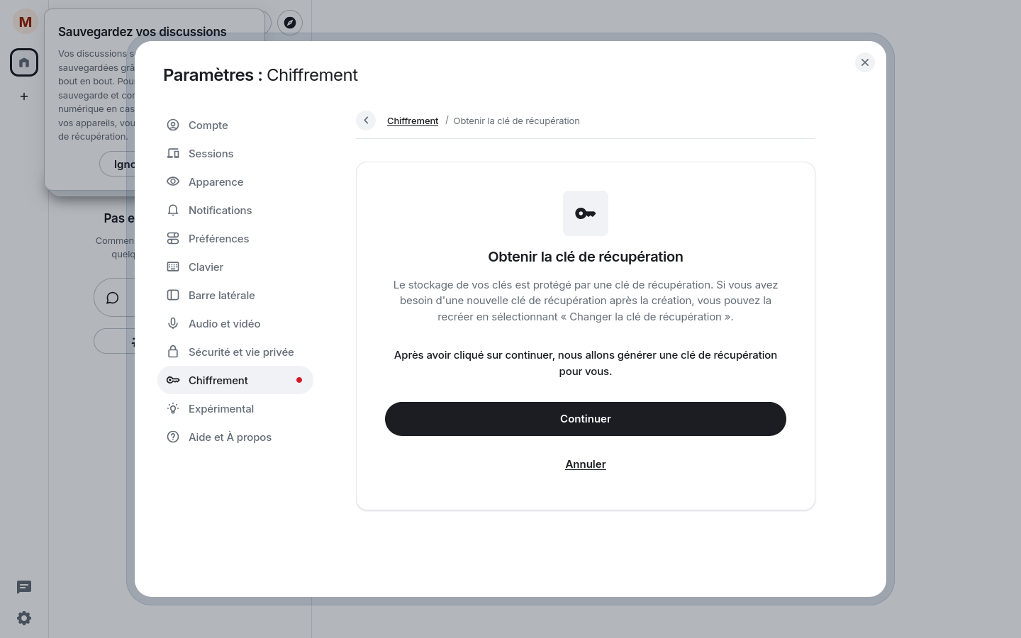 Assistant clé de récupération — écran d'introduction
