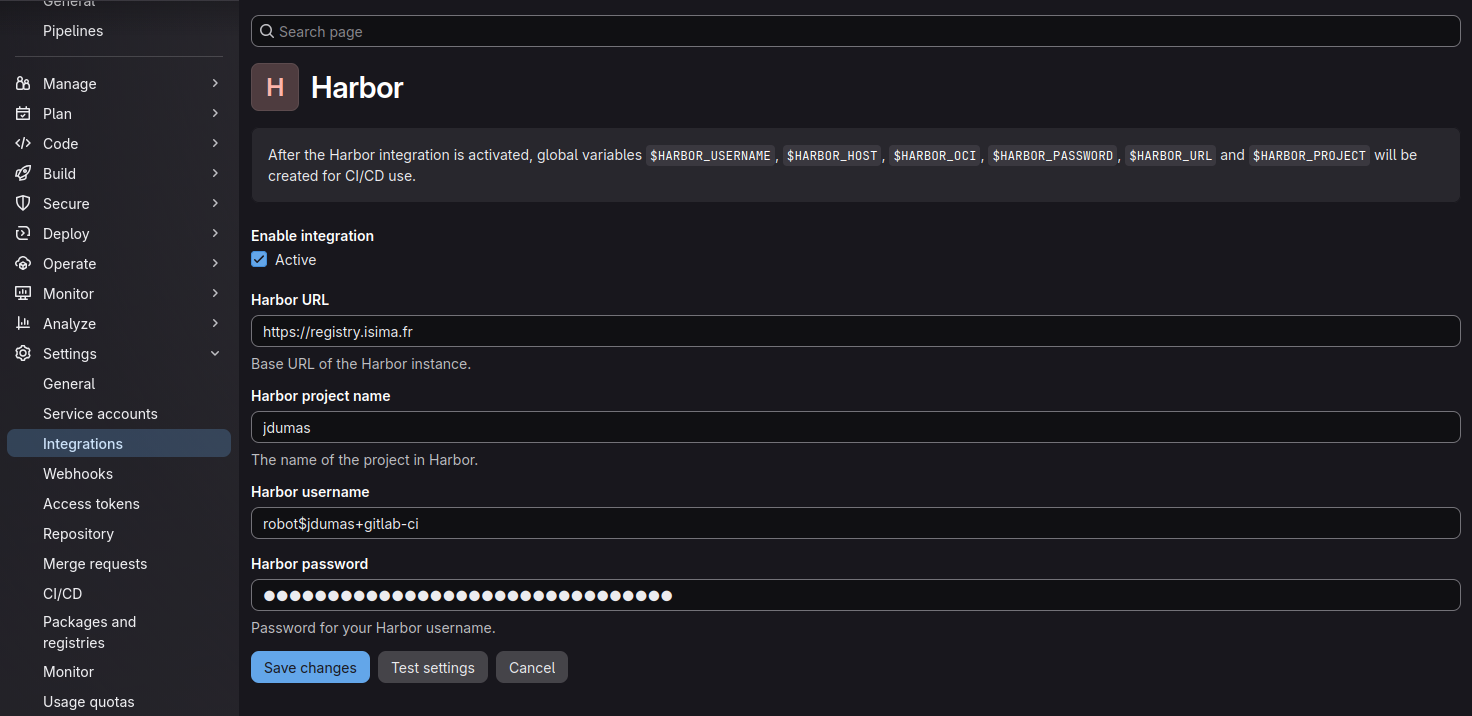 Configuration de l'intégration Harbor dans GitLab